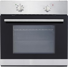 Edelstahl Einbaubackofen mit Glastür und Drehknöpfen zur Temperatur- und Funktionssteuerung.