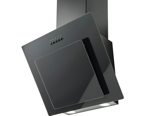 Schwarze Dunstabzugshaube mit Glasfront und Bedienknöpfen