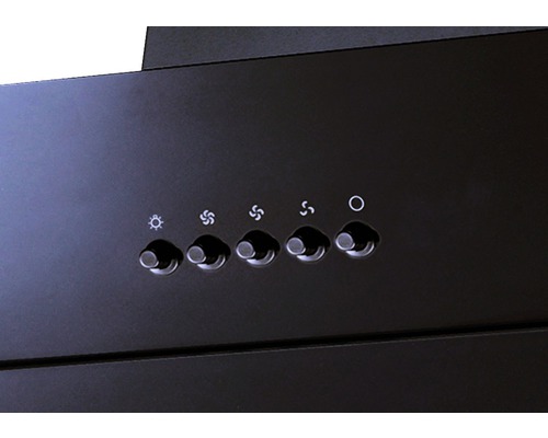 Commandes d''une hotte aspirante avec lumière, niveaux de ventilation et bouton marche/arrêt