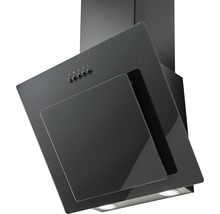 Schwarze Dunstabzugshaube mit Glasschirm und Bedienknöpfen.