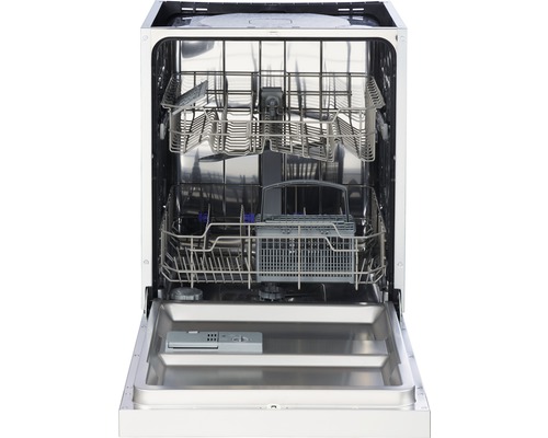 Innenansicht eines Geschirrspülers mit geöffneter Tür und herausnehmbaren Geschirrkörben.