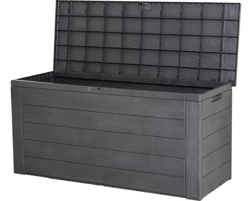 Coffre de rangement ouvert avec aspect bois pour l''extérieur