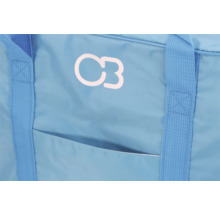 Vue détaillée d''un sac bleu avec poignées et poche extérieure.