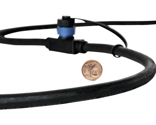 Tuyau goutteur avec vanne de régulation et pièce de monnaie de comparaison pour l''indication de la taille