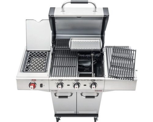 Barbecue à gaz ouvert avec grille de maintien au chaud, brûleur latéral et armoire basse