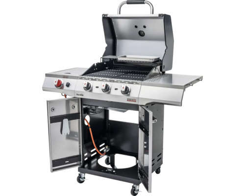 Chariot de barbecue avec couvercle ouvert et portes de placard ouvertes