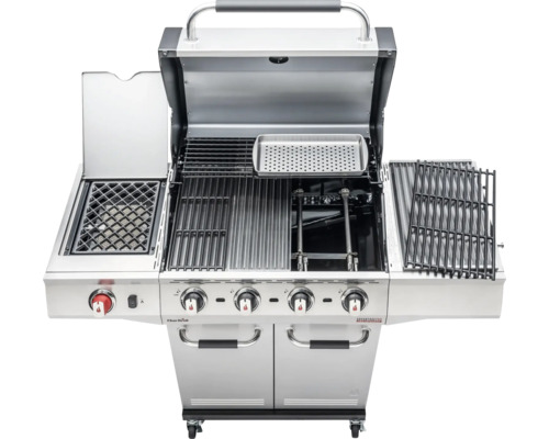 Offener Gasgrill mit Grillrosten und Ablageflächen