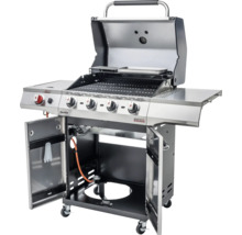 Grill avec gaz, grille, boutons de commande, tables d''appoint et placard