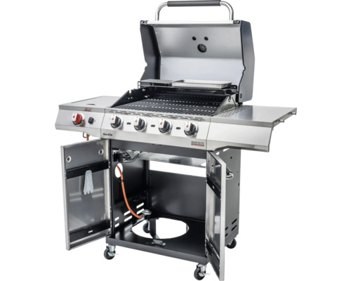 Grill mit Gas, Grillrost, Bedienknöpfen, Seitentischen und Schrank