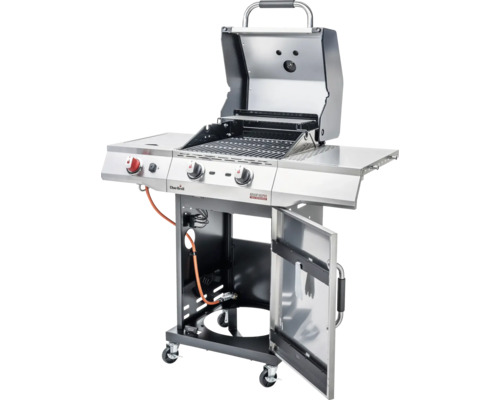 Gril à gaz avec couvercle ouvert et meuble bas