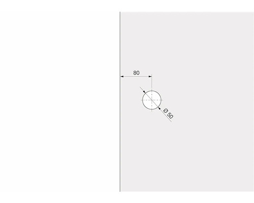 Technische Zeichnung einer Bohrung mit einem Durchmesser von 50 Millimetern und einem Abstand von 80 Millimetern zur Kante