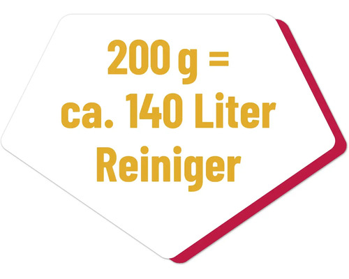 Symbole avec des informations sur le rendement du nettoyant : 200 grammes donnent environ 140 litres de nettoyant