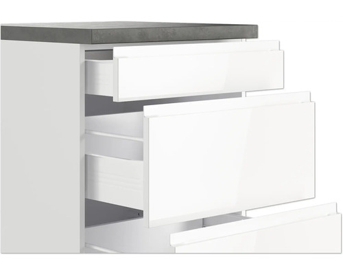 Meuble bas blanc avec tiroirs et plan de travail gris