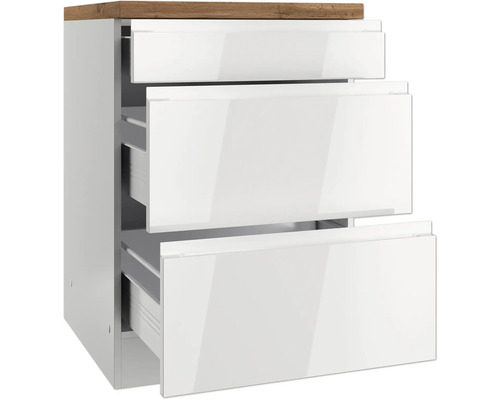 Meuble bas avec trois tiroirs et plateau en bois