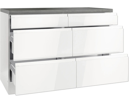 Meuble sous-lavabo avec six tiroirs et un plateau gris