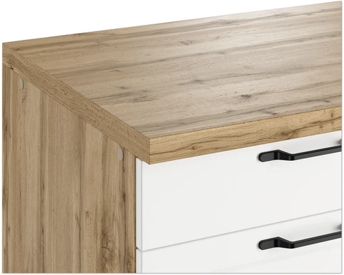 Vue détaillée d''un meuble de rangement avec plateau en bois et tiroirs blancs