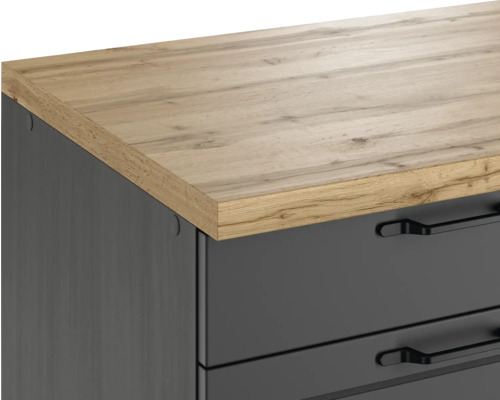 Vue détaillée d''un meuble commode avec des tiroirs et un plateau en aspect bois