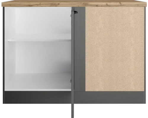 Meuble bas de cuisine avec porte ouverte et étagères