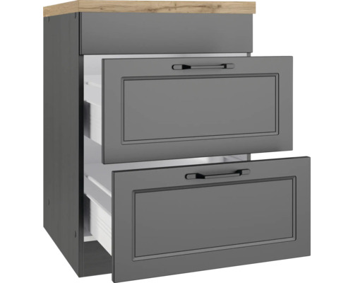 Meuble bas gris avec deux tiroirs et un plateau en bois clair