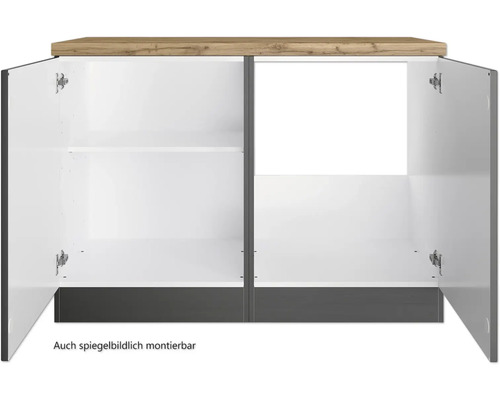 Meuble de cuisine ouvert avec étagères et plateau en bois