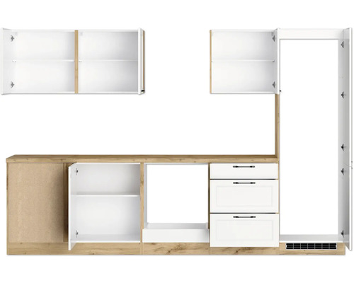 Küchenzeile mit Ober- und Unterschränken in Holzdekor und Weiß