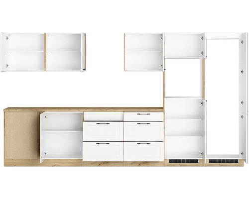 Küchenzeile mit Hänge- und Unterschränken sowie Schubladen