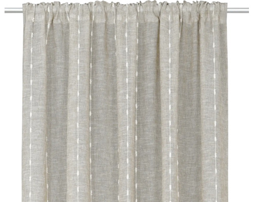 Gardine mit Kräuselbandaufhängung und gestickten Streifen