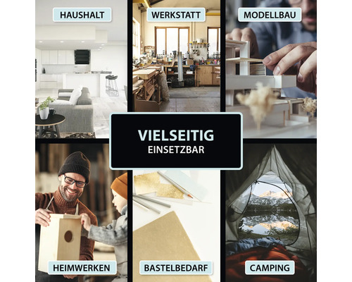 Collage verschiedener Einsatzbereiche: Haushalt, Werkstatt, Modellbau, Heimwerken, Bastelbedarf und Camping