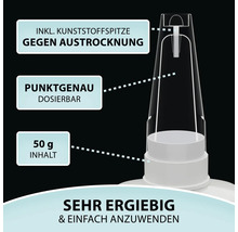 Detailansicht einer Dosierspitze mit Kunststoffspitze gegen Austrocknung, punktgenauer Dosierung und 50 Gramm Inhalt.