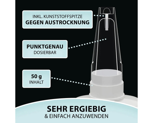 Detailansicht einer Dosierspitze mit Kunststoffspitze gegen Austrocknung, punktgenauer Dosierung und 50 Gramm Inhalt.