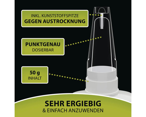 Detailansicht eines Dosierspenders mit Kunststoffspitze gegen Austrocknung, punktgenauer Dosierung, 50 Gramm Inhalt und einfacher Anwendung