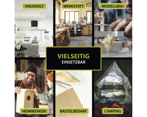 Produkt vielseitig einsetzbar in Haushalt, Werkstatt, Modellbau, Heimwerken, Bastelbedarf und Camping