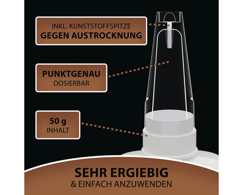 Klebstoff mit Kunststoffspitze gegen Austrocknung, punktgenau dosierbar, 50 Gramm Inhalt, sehr ergiebig und einfach anzuwenden