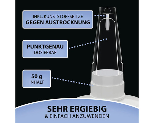 Detailansicht eines Klebstoffs mit Kunststoffspitze zum Schutz vor dem Austrocknen, punktgenauer Dosierung, 50 Gramm Inhalt, sehr ergiebig und einfach anzuwenden.