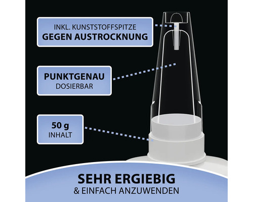 Details zu einem Klebstoffprodukt mit Kunststoffspitze gegen Austrocknung, punktgenauer Dosierung und einem Inhalt von 50 Gramm.