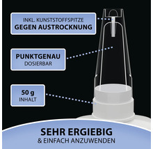 Detailaufnahme einer Klebstoffverpackung mit Kunststoffspitze gegen Austrocknung, punktgenauer Dosierung und 50 Gramm Inhalt