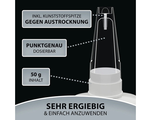 Detailaufnahme einer Klebstoffverpackung mit Kunststoffspitze, die vor dem Austrocknen schützt, punktgenaue Dosierung ermöglicht, 50 Gramm Inhalt und sehr ergiebig sowie einfach anzuwenden ist.