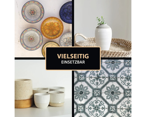 Collage mit dekorativen Tellern, Vasen und Fliesen für vielseitige Gestaltungsmöglichkeiten.