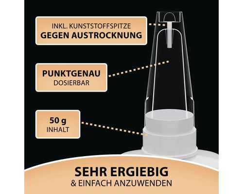 Detailaufnahme eines Klebstoffbehälters mit Kunststoffspitze gegen Austrocknung, punktgenauer Dosierung, 50 Gramm Inhalt, sehr ergiebig und einfach anzuwenden.