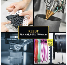 Kollage mit 3D-Druckprozess und verschiedenen 3D-Druckmaterialien wie PLA, ABS, PETG und TPU.