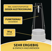 Detailaufnahme einer Flasche Klebstoff mit Kunststoffspitze zum Schutz vor dem Austrocknen, punktgenauer Dosierung und einem Inhalt von 50 Gramm, sehr ergiebig und einfach anzuwenden.
