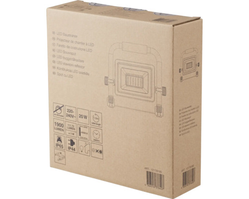 Emballage d''un projecteur de chantier LED avec des données techniques telles que 20 watts, 1900 lumens et indice de protection IP65
