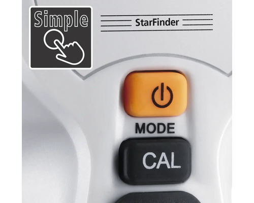 Detailansicht der StarFinder-Steuerung mit An- und Aus-Taste, Modus- und Kalibrierungstaste