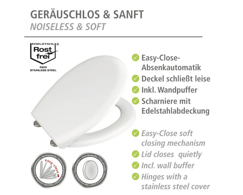 Weißer WC Sitz mit Absenkautomatik und Edelstahl Scharnierabdeckung