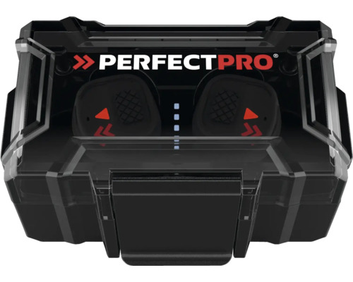 Logo Perfectpro. Écouteurs Bluetooth dans un étui de chargement.