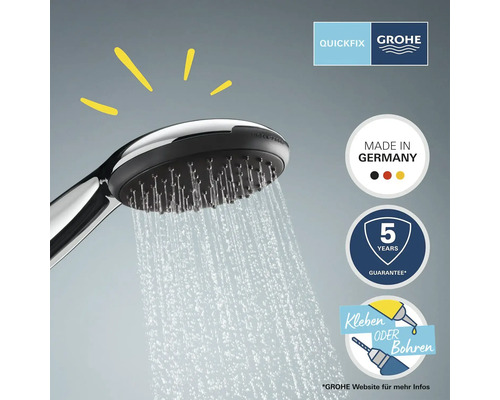 Grohe Quickfix Duschkopf mit Wasserstrahl, Made in Germany Siegel, fünf Jahre Garantie Siegel, Kleben oder Bohren Siegel