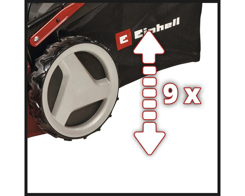 Einhell Logo, Detailaufnahme des Rads eines Rasenmähers mit neunfacher Höhenverstellung