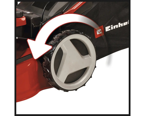 Detailansicht eines Rasenmähers mit Hinweispfeil zur Höhenverstellung