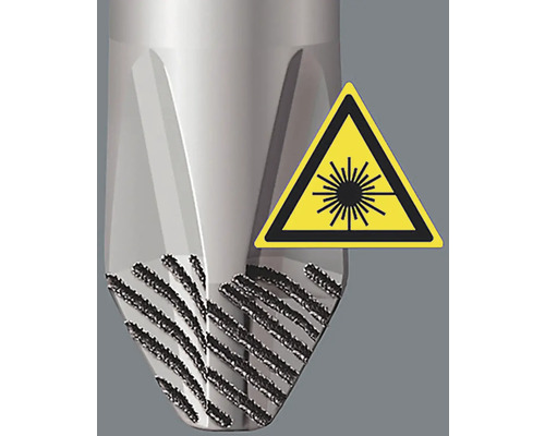 Détail d''outil avec marquage laser et panneau d''avertissement pour rayonnement laser