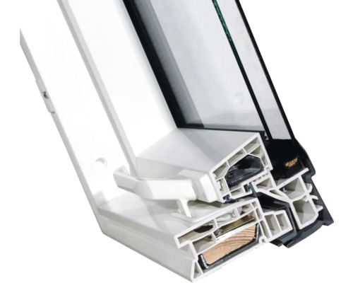 Detailansicht eines Fensterprofils aus Kunststoff und Glas